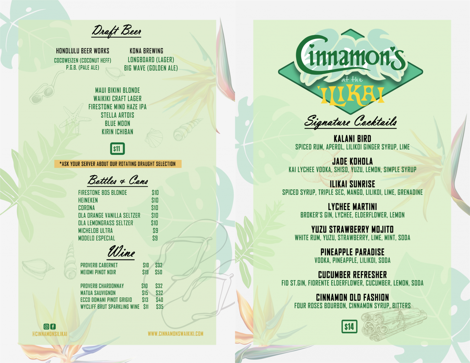 Menu 2022 Cinnamons at the 'Ilikai